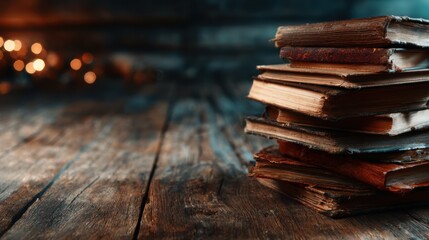 A nostalgic view of worn, stacked books on a rustic wooden table, evoking a sense of history, wisdom, and the love for reading in a calming, warm environment.