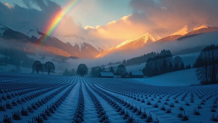 Rainbow over snowy field and mountains at sunset.