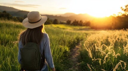 Sunset hiking adventure serene fields nature photography peaceful landscape long shot exploration and reflection