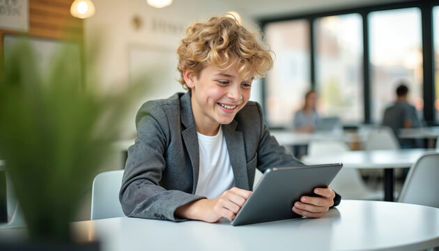 Smiling schoolboy studies with digital tablet at desk. Teen enjoys e learning in classroom. Student uses tech for education. Blond kid wearing jacket learning with app indoors. Modern communication.