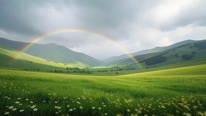 Rainbow over the green hills of Castelluccio, Italy.