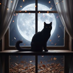 Calm Black Cat Observing Moon Through Window Surrounded By Glowing Lights And Gentle Flowing Curtains