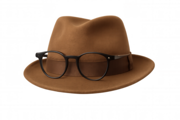 Brown fedora hat with reading glasses. Classic felt fedora eyewear accessory, fashion style, transparent background