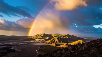 Rainbow Over Volcanic Landscape - A Stunning Natural Phenomenon.