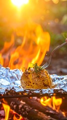 Roasted potato on foil over campfire