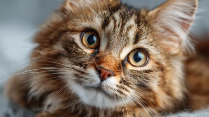 An adorable close-up portrait of a fluffy cat showcases its expressive eyes and soft fur, inviting viewers to appreciate the charm and whimsy of feline companions.