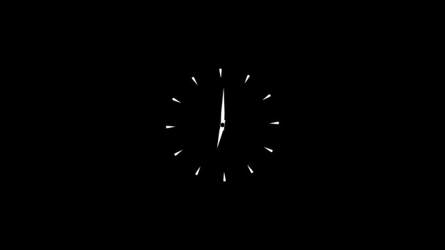12 hours clock dial loop, twenty-four hours time lapse animation. Twelve hours clock run, moving time arrows. Hours appear on a white background