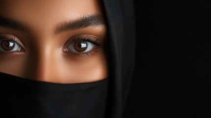 Cultural expression through veiling a close-up on a woman's eyes urban setting portrait photography dark background intimate perspective