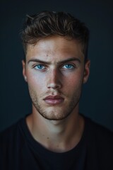 Fototapeta premium Close-up Portrait of Young Man with Intense Expression on Dark Background
