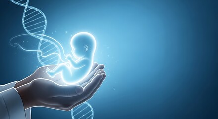 Human Fetus in Hands with DNA Helix Represents Future of Genetic Science and Reproduction