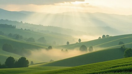 Rolling green hills bathed in morning sunlight.