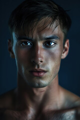 Obraz premium Close-Up Portrait of Young Man with Intense Expression on Navy Blue Background