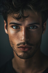 Obraz premium Close-Up Portrait of Young Man with Intense Expression Against Dark Background
