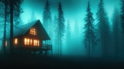 A captivating image of a secluded cabin illuminated against a backdrop of a misty forest, creating a sense of mystery and tranquility in nature's embrace.