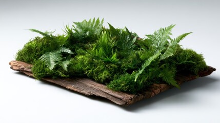 A vibrant assortment of ferns and moss adorning a rustic wooden slab creates a beautiful, calming composition representing the harmony of nature and design.