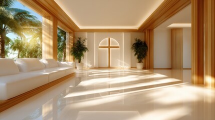 A sunlit modern interior with wooden features creates an open, inviting space, promoting relaxation and comfort amidst a lush tropical setting.