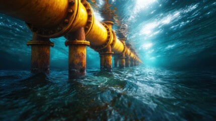 A striking underwater view of a rusted pipe, casting shadows on the surface, evokes themes of decay, industrialization, and nature's reclaiming power.