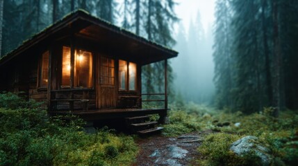 A charming wooden cabin stands surrounded by tall trees in a thick mist, creating a serene atmosphere that invites contemplation and comfort in nature.