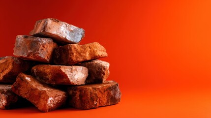 An intriguing pile of weathered bricks set against a vibrant orange background suggests themes of construction, history, and the vitality of architectural aesthetics.