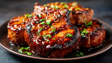 A delectable assortment of perfectly grilled meat glistening with sauce, garnished with fresh herbs, creates an appetizing and mouthwatering culinary delight.