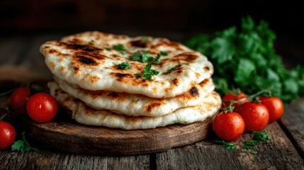This image showcases a stack of fresh, fluffy naan bread garnished with herbs, placed on a wooden board alongside cherry tomatoes, representing culinary delight and comfort.