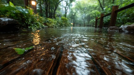 This atmospheric image captures a serene park pathway during a gentle rain, emphasizing nature's tranquility and inviting a reflective mood in lush greenery.