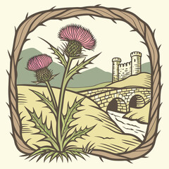 Pink thistle blooms near a stone bridge and castle, framed by thorny branches