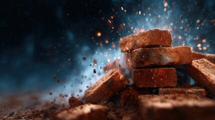 This dynamic image features a striking representation of crumbling bricks with dust and sparks, symbolizing destruction, energy, and the raw beauty of chaos in visual form.