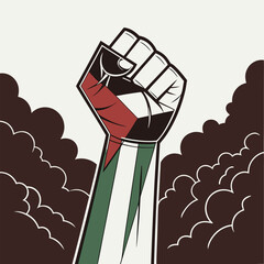 Raised fist displaying flag stands amid smoke, showing a powerful symbol of resistance