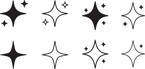 Isolated sparkle icons, black shining star symbol, glowing sparkle vector, minimal light burst design, bright decorative icon set, modern clean glowing element, luxury shine illustration