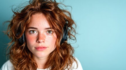 A portrait of a young woman with curly hair wearing headphones against a light blue background, capturing her thoughtful and engaged expression in a modern setting.