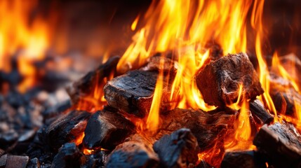 Close-up view of burning charcoal with vibrant flames dancing above, illustrating the raw energy and warmth created by a crackling fire, ideal for culinary and outdoor themes.