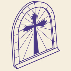 The arched window showcases a deep purple cross symbol against a light neutral background
