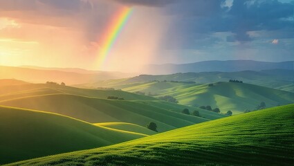 Rolling Hills Under a Rainbow - A Serene Landscape.