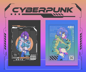 cyberpunk poster set featuring futuristic girl characters with neon color palette, glitch texture, and sci-fi typography style, vector illustration