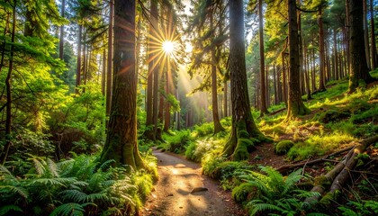 A sunlit path winds through a dense forest. Sunlight streams through trees, illuminating foliage and creating a sense of wonder
