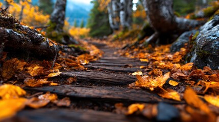 A serene woodland path blanketed in golden autumn leaves invites peaceful strolls through nature, embodying the beauty and calmness of the fall season's transition.