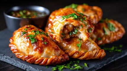 Golden brown, crispy empanadas filled with fresh ingredients, served with a flavorful dipping sauce, create a mouthwatering appetizer perfect for gatherings and culinary enjoyment.