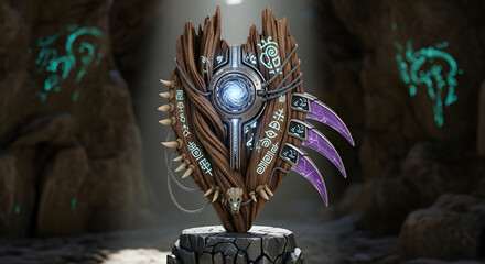 Ancient tribal shield with glowing runes and energy core.