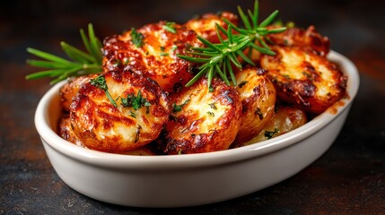 A tempting dish of golden roast potatoes garnished with fresh herbs presents an inviting culinary experience, showcasing a perfect blend of crispy exterior and fluffy interior.