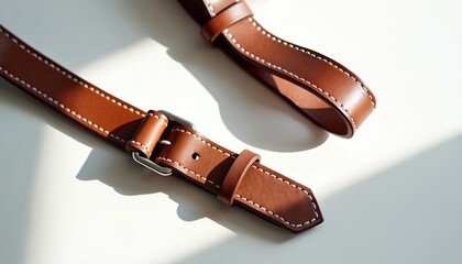 Close up of brown leather strap with detailed white stitching, silver buckle. Handcrafted luxury accessory for bag belt made from genuine material. Sunlight highlights fine craftsmanship, quality of
