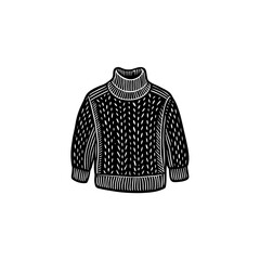 Stylized black and white drawing of a warm, chunky knit mock neck sweater, ideal for fashion themes, seasonal clothing, and versatile graphic design elements