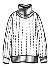 Line art illustration of a cozy knitted turtleneck sweater with a classic cable knit pattern. Perfect graphic for winter fashion, apparel designs, and warm clothing concepts