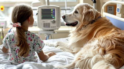 Young girl with golden retriever dog in hospital room providing comfort