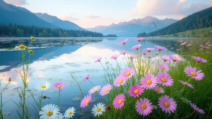 Scenic Lake Reflection with Wildflowers in Bloom and Mountain Backdrop.
