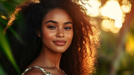 Radiant woman smiling amidst lush greenery outdoor portrait golden hour nature close-up beauty and confidence