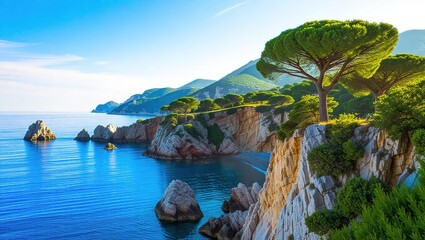 Scenic Mediterranean Coastline with Pine Tree and Blue Sea.