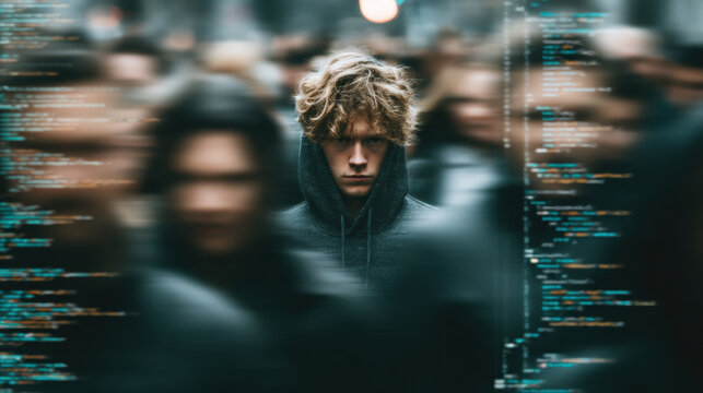 A serious young man in a hoodie stands focused amid a blurred urban crowd. Glowing digital code overlays symbolize modern technology and identity.