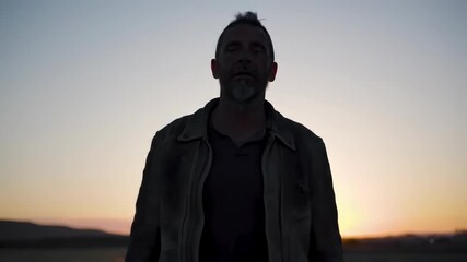 Silhouette of man standing, looking at the camera during sunset in a field, for movie poster