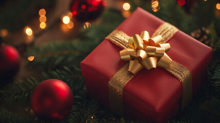 red gift box with golden ribbon and Christmas ornament and blurred festive light